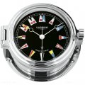  Porthole clock chrome plated with flag-themed clock face on black background